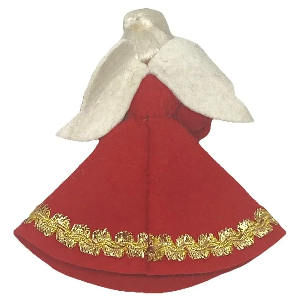 Vintage Christmas Angel 4 7/8” Figure Felt Red White Gold Wings Drum Decor